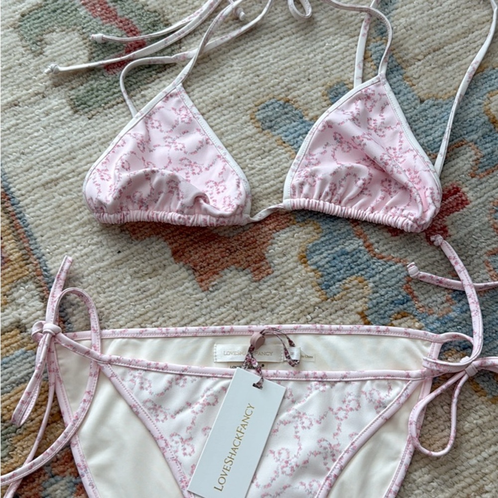 LoveShackFancy Pink Floral Triangle Bikini Set